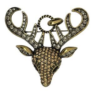 Swarovski Round Gold and Black Crystal Antiqued Bronze Deer Head Pendant Brooch